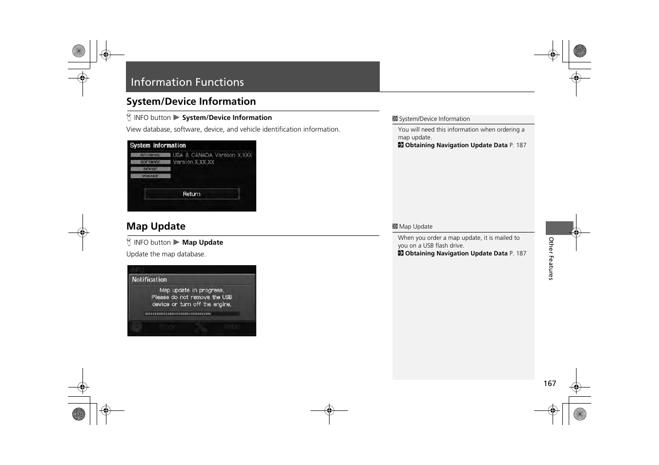 Information functions 167, Information functions, System/device information map update | System/device information, Map update | HONDA 2014 CR-Z - Navigation Manual User Manual | Page 168 / 208