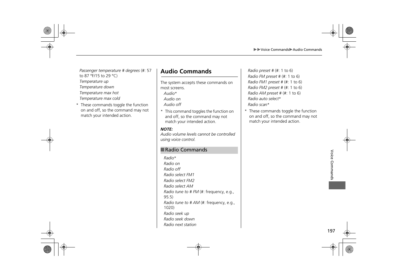 2 audio commands p. 197, Audio commands | HONDA 2014 CR-Z - Navigation Manual User Manual | Page 198 / 208