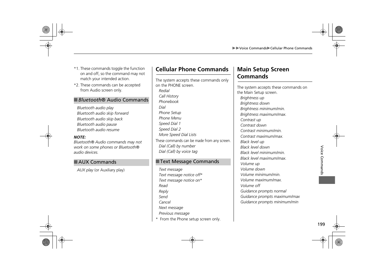 2 bluetooth ® audio commands p. 199, S. 2 text message commands p. 199, Cellular phone commands main setup screen commands | Cellular phone commands, Main setup screen commands | HONDA 2014 CR-Z - Navigation Manual User Manual | Page 200 / 208