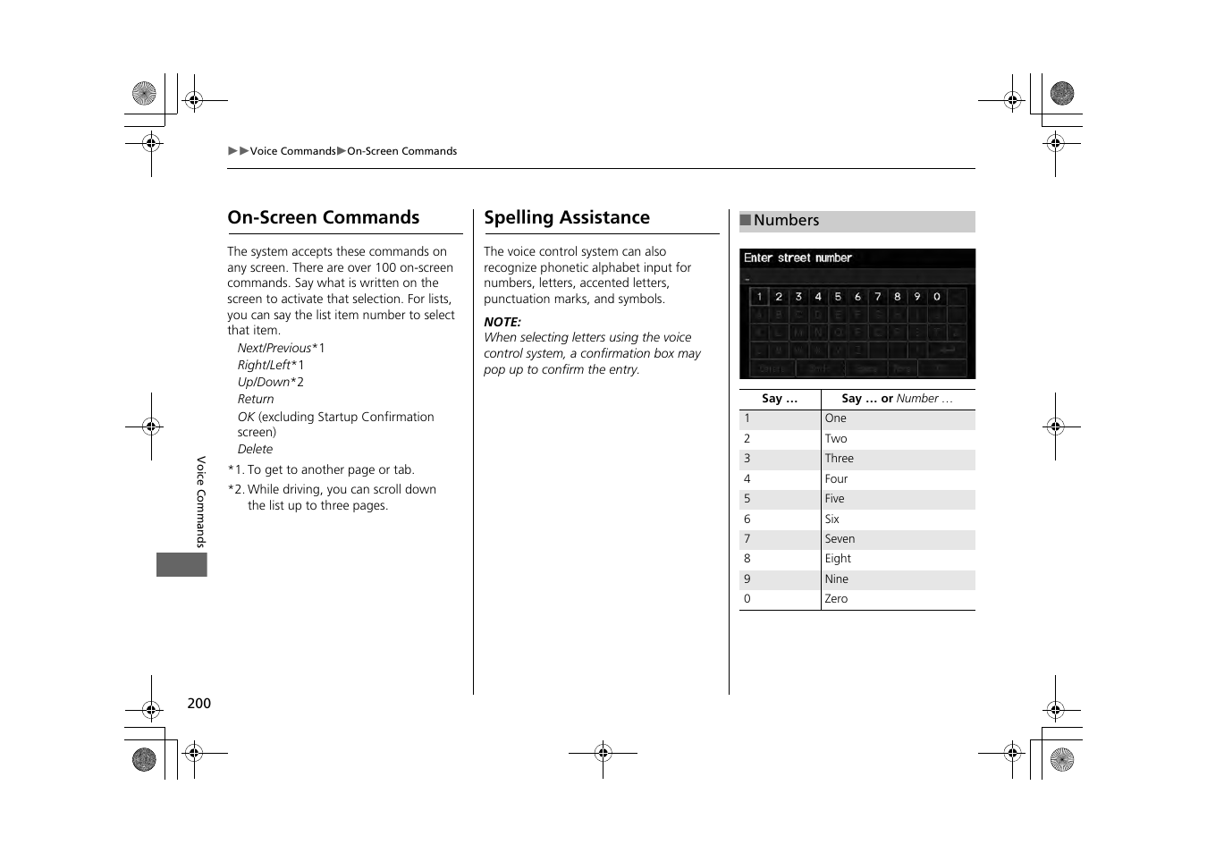 On-screen commands spelling assistance, On-screen commands, Spelling assistance | HONDA 2014 CR-Z - Navigation Manual User Manual | Page 201 / 208
