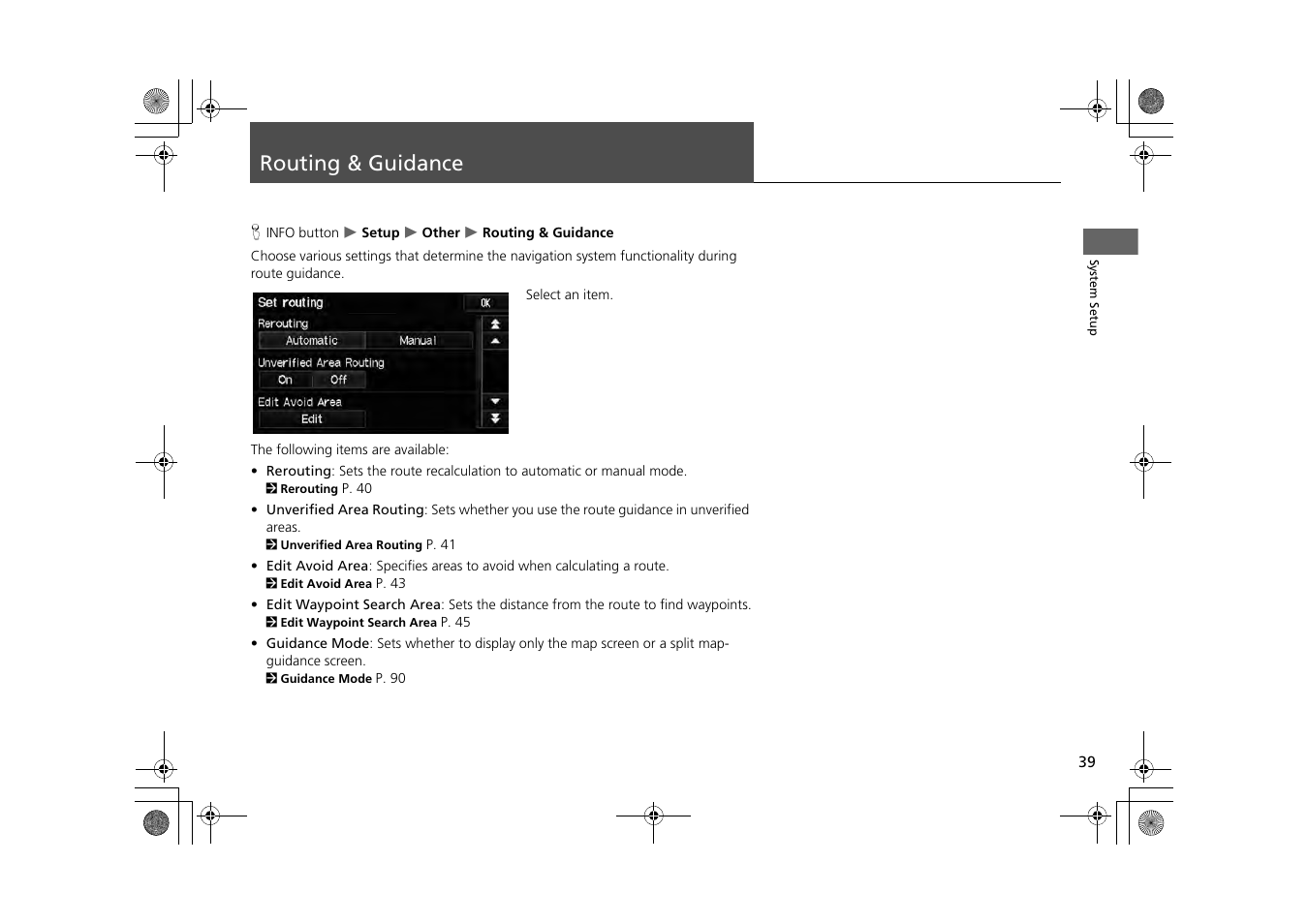 Routing & guidance 39, Routing & guidance | HONDA 2014 CR-Z - Navigation Manual User Manual | Page 40 / 208