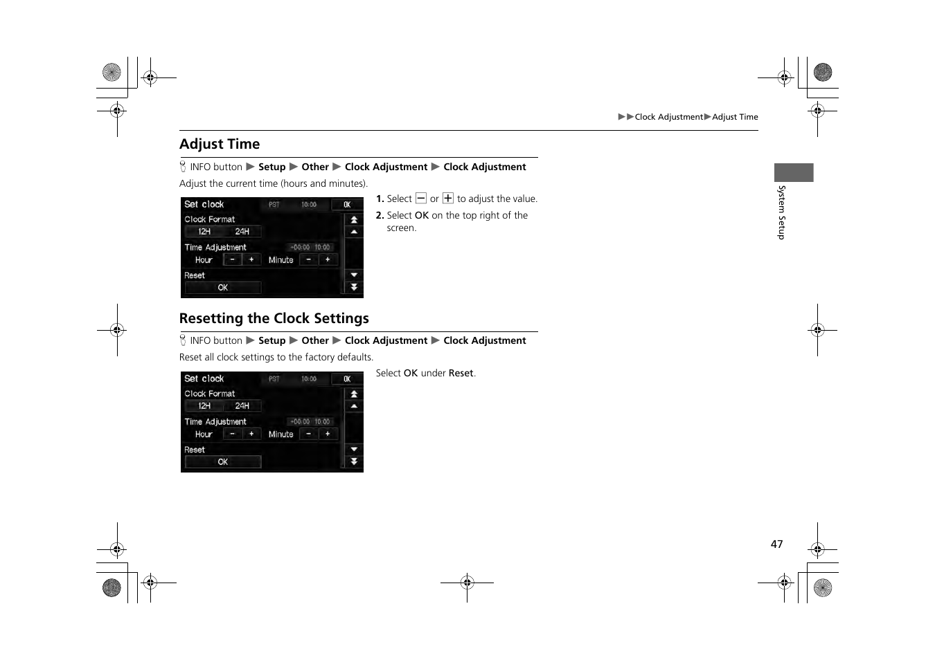 Adjust time resetting the clock settings, Anually, 2 adjust time | P. 47, 2 resetting the clock settings, Adjust time, Resetting the clock settings | HONDA 2014 CR-Z - Navigation Manual User Manual | Page 48 / 208