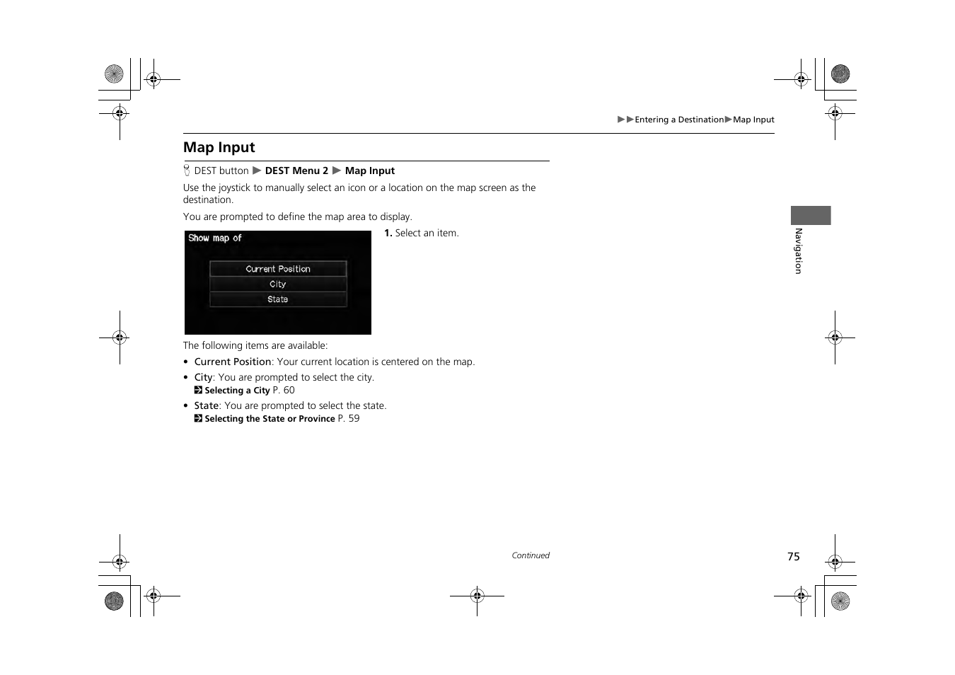 2 map input, P. 75, Map input | HONDA 2014 CR-Z - Navigation Manual User Manual | Page 76 / 208