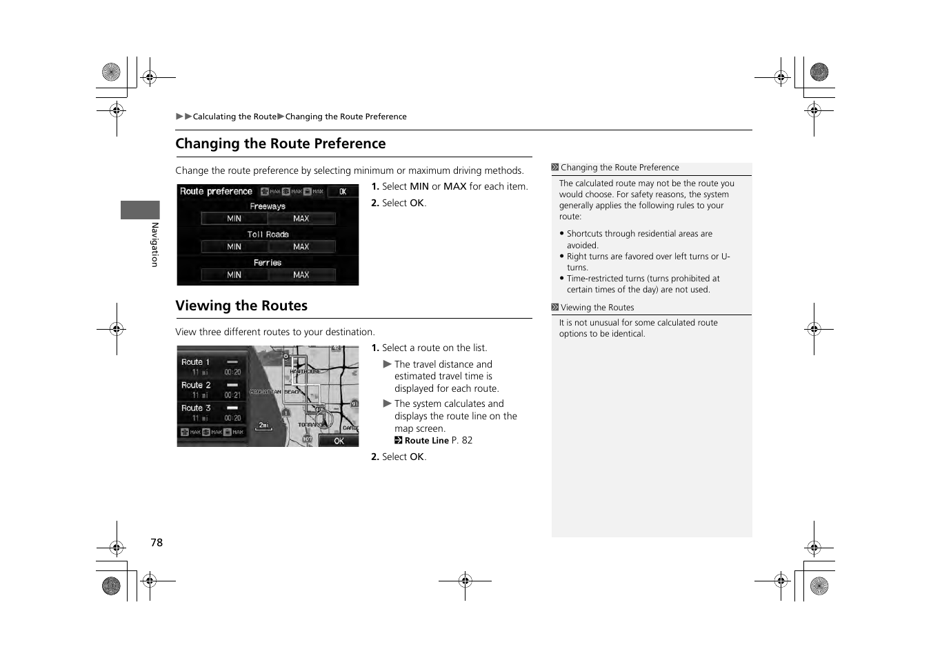 P78), Changing the route preference viewing the routes, 2 changing the route preference | P. 78, 2 viewing the routes, Changing the route preference, Viewing the routes | HONDA 2014 CR-Z - Navigation Manual User Manual | Page 79 / 208