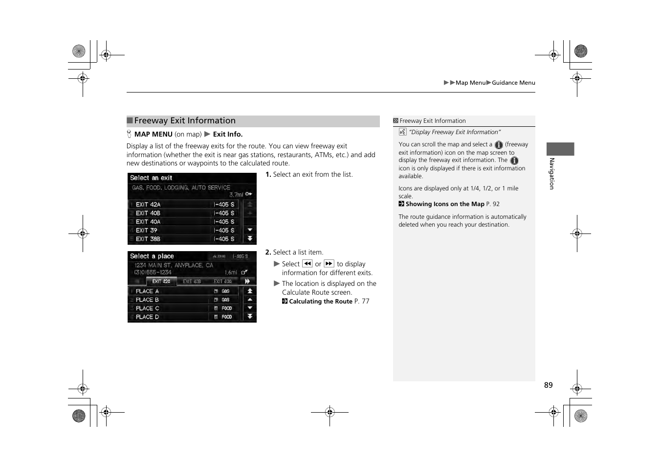 2 freeway exit information, P. 89 | HONDA 2014 CR-Z - Navigation Manual User Manual | Page 90 / 208