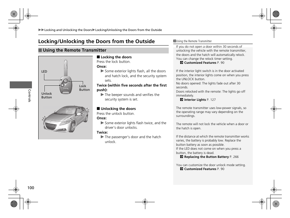 P 100), Locking/unlocking the doors from the, Outside | Locking/unlocking the doors from the outside | HONDA 2014 CR-Z - Owner's Manual User Manual | Page 101 / 329