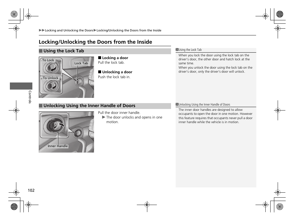 P 102, P102), Locking/unlocking the doors from the inside p. 102 | Locking/unlocking the doors from the, Inside, Locking/unlocking the doors from the inside | HONDA 2014 CR-Z - Owner's Manual User Manual | Page 103 / 329