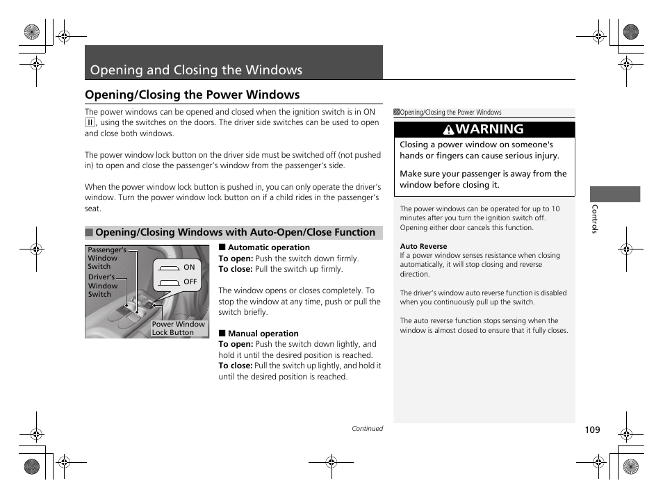 Opening and closing the windows, P 109), P109) | Warning, Opening/closing the power windows | HONDA 2014 CR-Z - Owner's Manual User Manual | Page 110 / 329