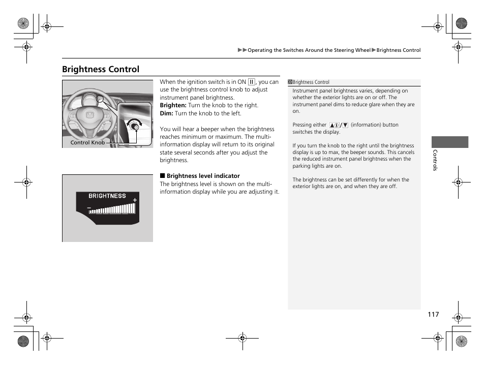 P 117), Brightness control | HONDA 2014 CR-Z - Owner's Manual User Manual | Page 118 / 329