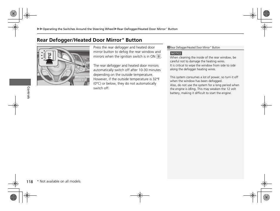 P 118), Rear defogger/heated door mirror, Button | HONDA 2014 CR-Z - Owner's Manual User Manual | Page 119 / 329