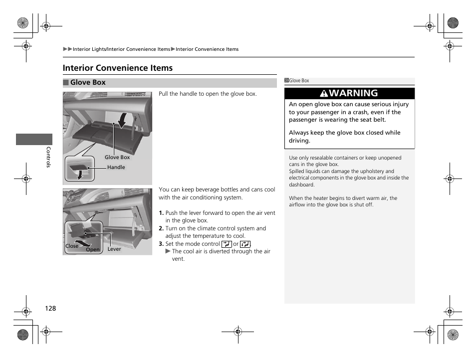 P 128), Interior convenience items, Warning | HONDA 2014 CR-Z - Owner's Manual User Manual | Page 129 / 329