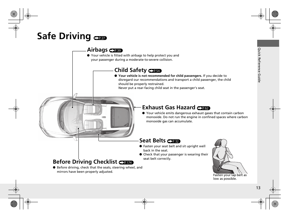 Safe driving (p27), Safe driving, Airbags | Child safety, Exhaust gas hazard, Before driving checklist, Seat belts | HONDA 2014 CR-Z - Owner's Manual User Manual | Page 14 / 329