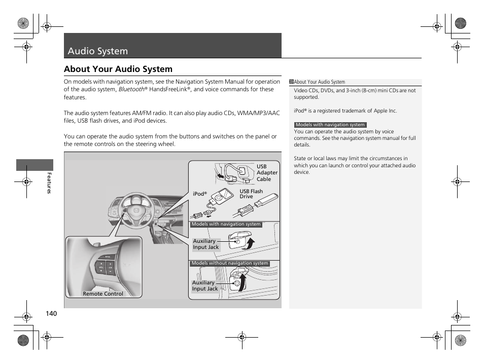 Audio system p. 140, P 140), Audio system | About your audio system | HONDA 2014 CR-Z - Owner's Manual User Manual | Page 141 / 329