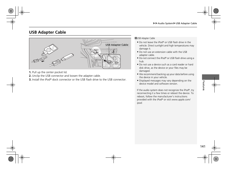 P 141), Usb adapter cable | HONDA 2014 CR-Z - Owner's Manual User Manual | Page 142 / 329