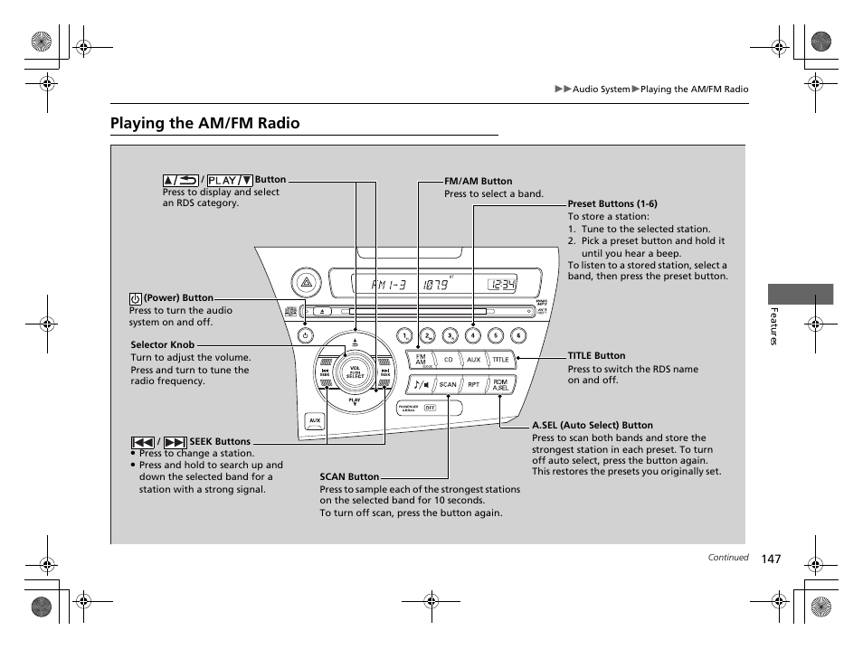 Playing the am/fm radio | HONDA 2014 CR-Z - Owner's Manual User Manual | Page 148 / 329