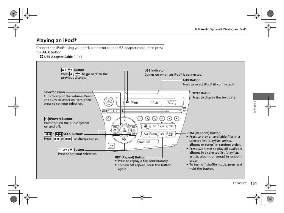 Playing an ipod | HONDA 2014 CR-Z - Owner's Manual User Manual | Page 152 / 329