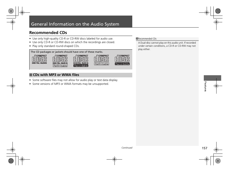 General information on the audio system, Recommended cds | HONDA 2014 CR-Z - Owner's Manual User Manual | Page 158 / 329