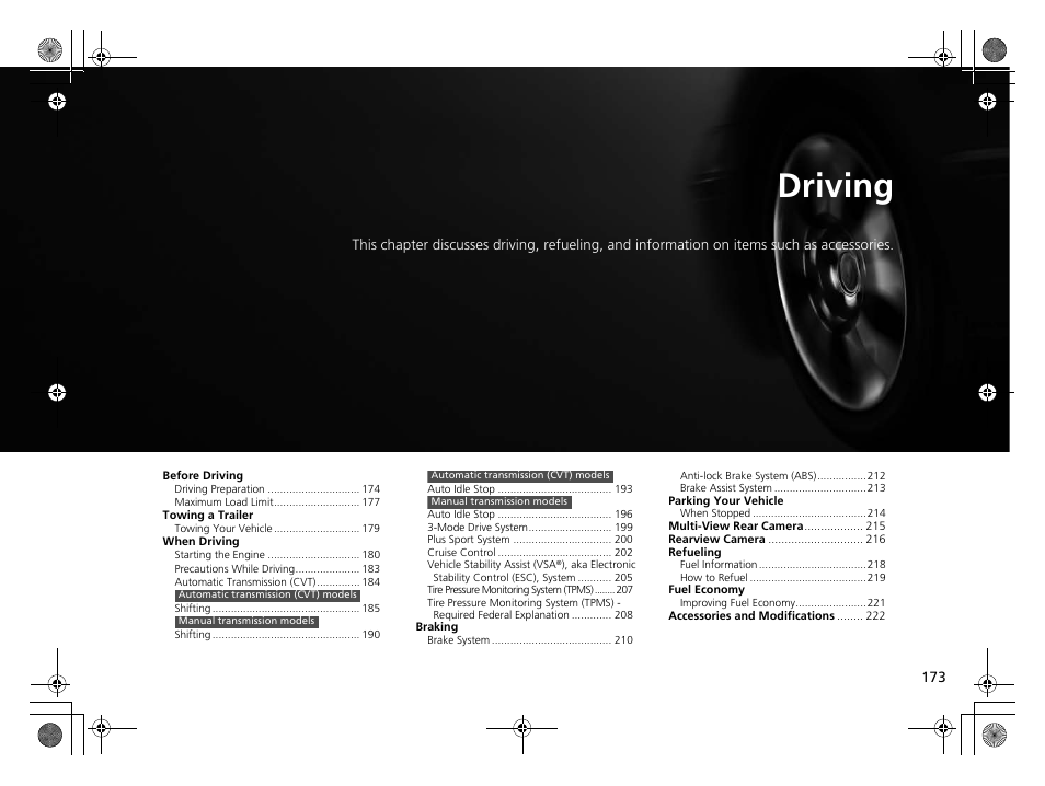 Driving, P173 | HONDA 2014 CR-Z - Owner's Manual User Manual | Page 174 / 329