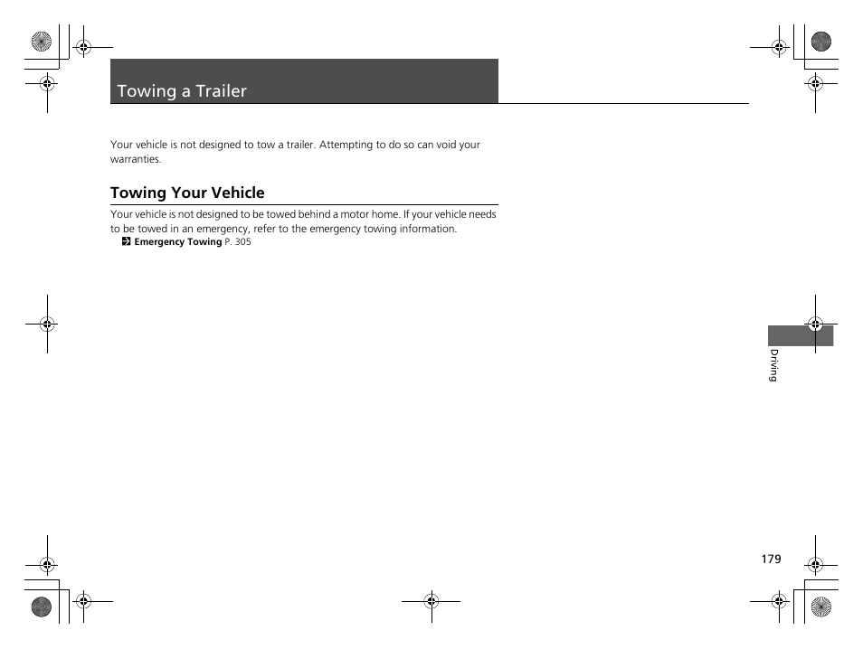 Towing a trailer p. 179, Towing a trailer, Towing your vehicle | HONDA 2014 CR-Z - Owner's Manual User Manual | Page 180 / 329