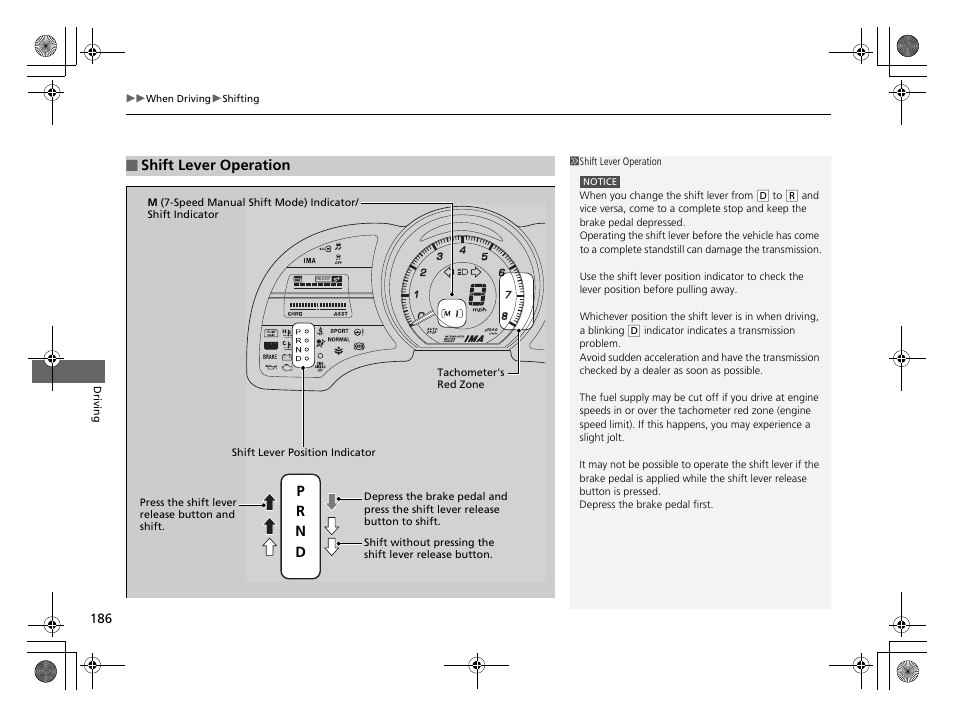 Shift lever operation, P r n d | HONDA 2014 CR-Z - Owner's Manual User Manual | Page 187 / 329