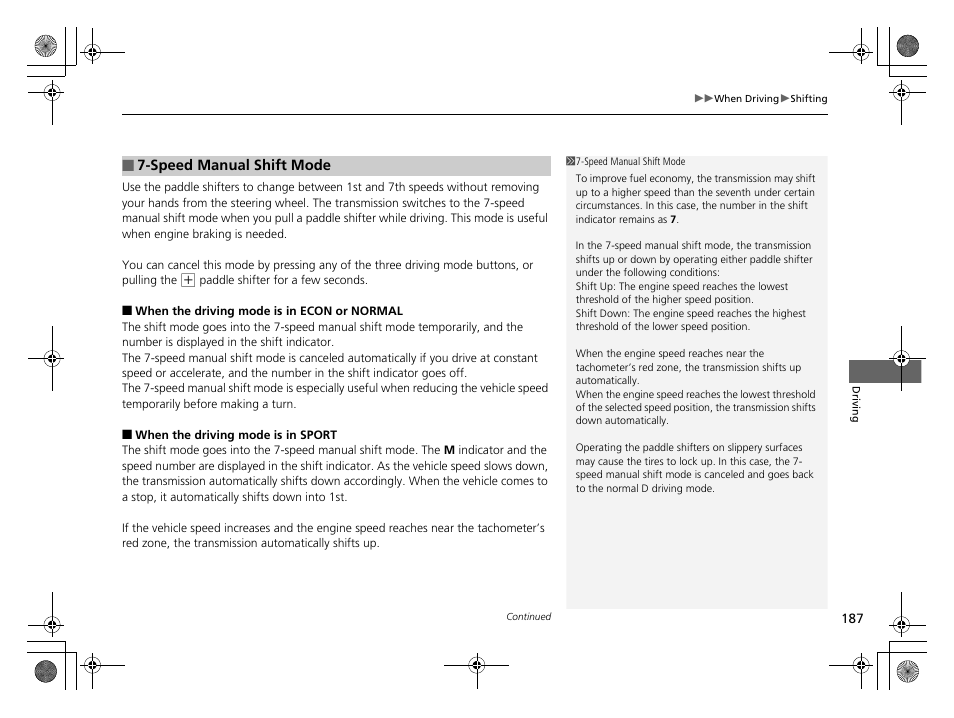 P187, Speed manual shift mode | HONDA 2014 CR-Z - Owner's Manual User Manual | Page 188 / 329