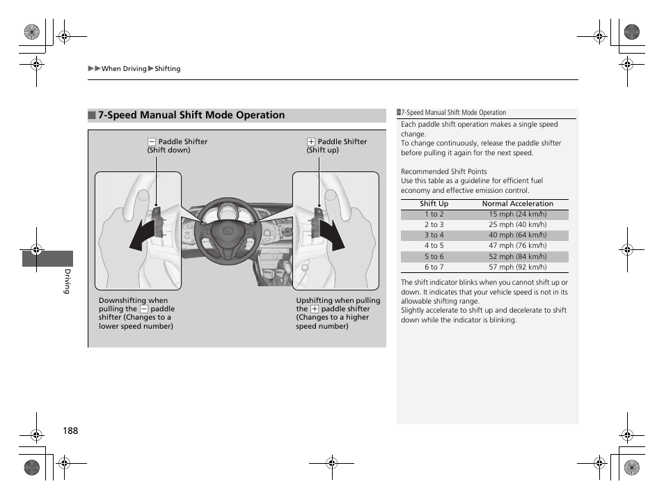 P 188, P188), Speed manual shift mode operation | HONDA 2014 CR-Z - Owner's Manual User Manual | Page 189 / 329