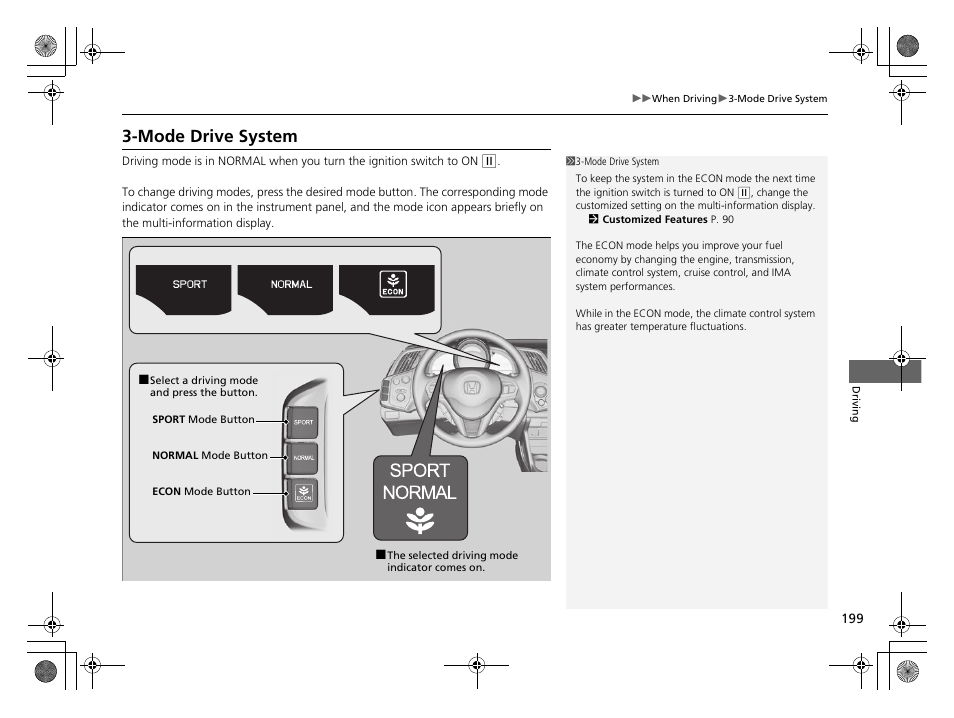 P 199), Mode drive system | HONDA 2014 CR-Z - Owner's Manual User Manual | Page 200 / 329