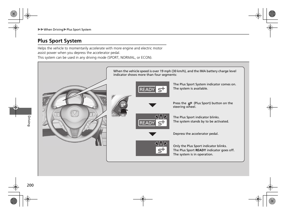 P200), Plus sport system | HONDA 2014 CR-Z - Owner's Manual User Manual | Page 201 / 329