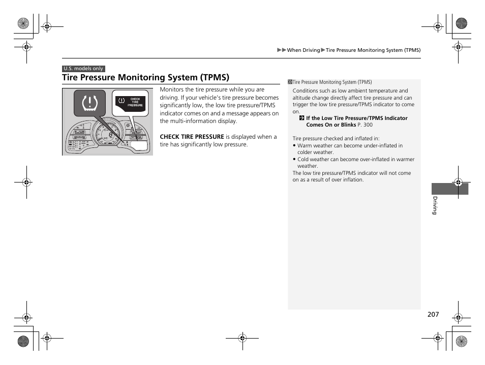 P207), Tire pressure monitoring system (tpms) | HONDA 2014 CR-Z - Owner's Manual User Manual | Page 208 / 329