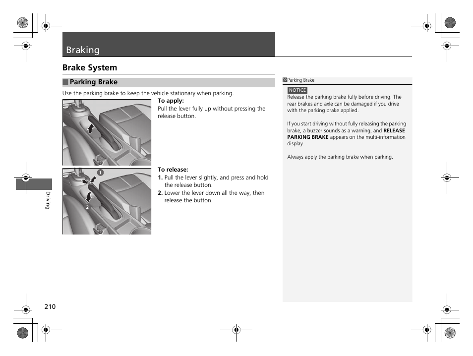 Braking p. 210, P 210, Braking | Brake system, Parking brake | HONDA 2014 CR-Z - Owner's Manual User Manual | Page 211 / 329