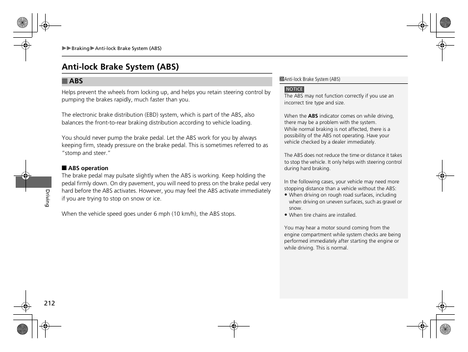 Anti-lock brake system (abs), Anti-lock brake system (abs) p. 212 | HONDA 2014 CR-Z - Owner's Manual User Manual | Page 213 / 329