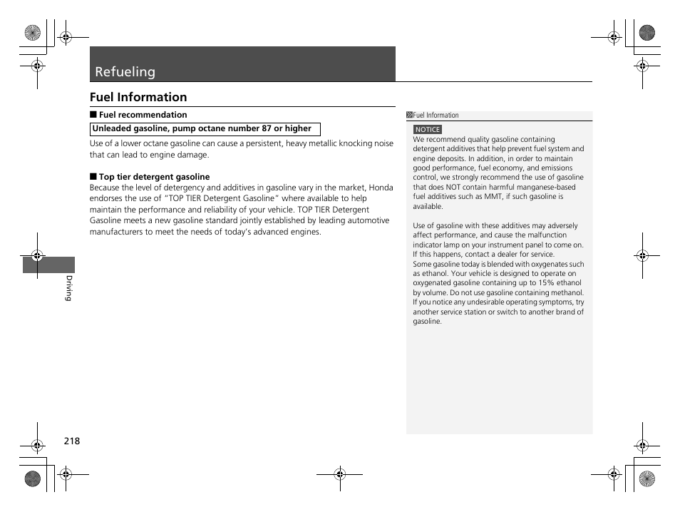 Refueling p. 218, P218), Refueling | Fuel information | HONDA 2014 CR-Z - Owner's Manual User Manual | Page 219 / 329