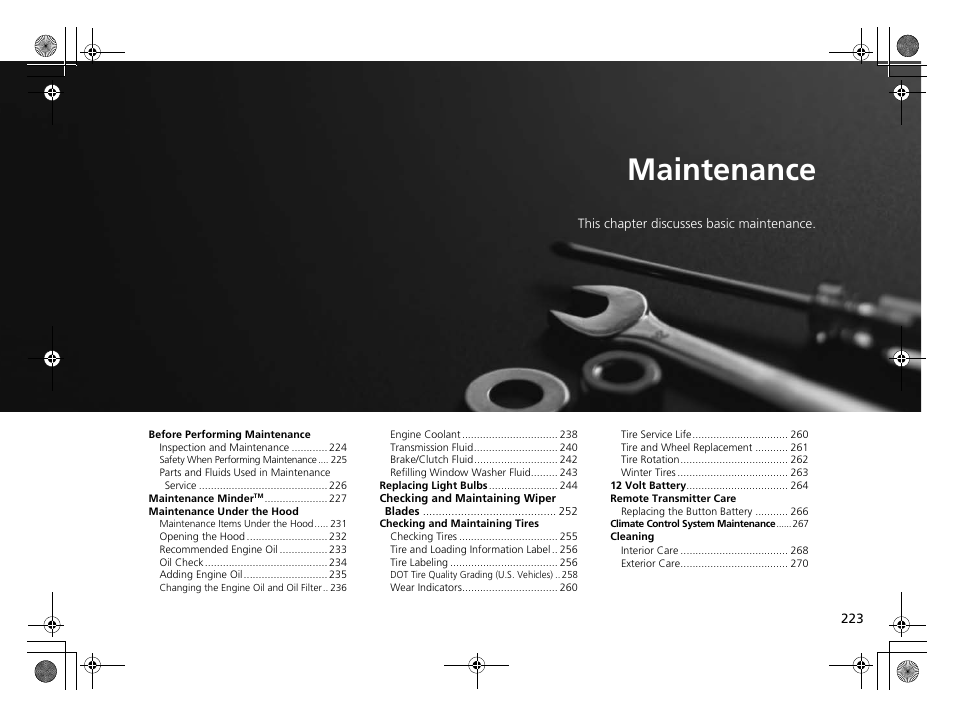 Maintenance, P223) | HONDA 2014 CR-Z - Owner's Manual User Manual | Page 224 / 329