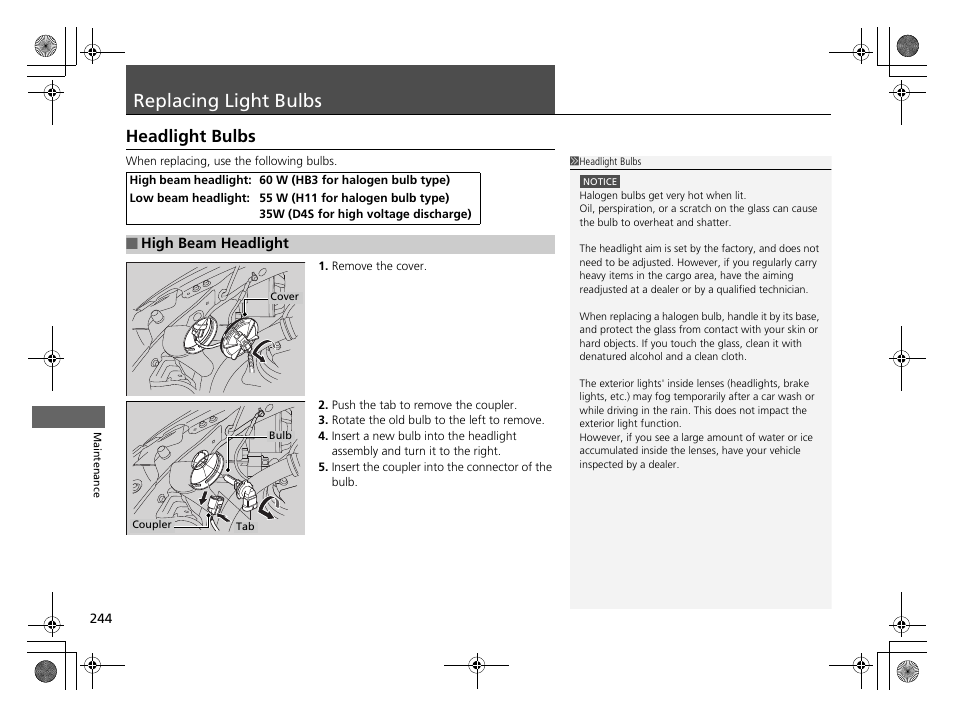 Replacing light bulbs p. 244, P244), Replacing light bulbs | Headlight bulbs | HONDA 2014 CR-Z - Owner's Manual User Manual | Page 245 / 329