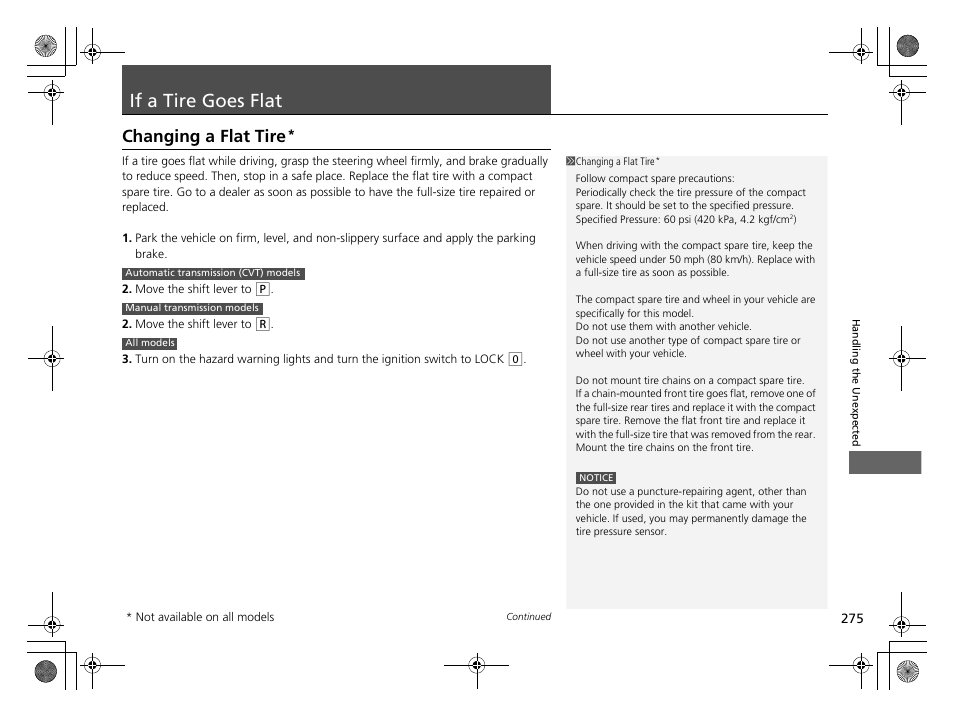 If a tire goes flat p, P275), If a tire goes flat | Changing a flat tire | HONDA 2014 CR-Z - Owner's Manual User Manual | Page 276 / 329