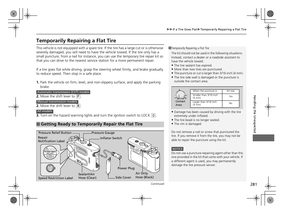 Temporarily repairing a flat tire | HONDA 2014 CR-Z - Owner's Manual User Manual | Page 282 / 329