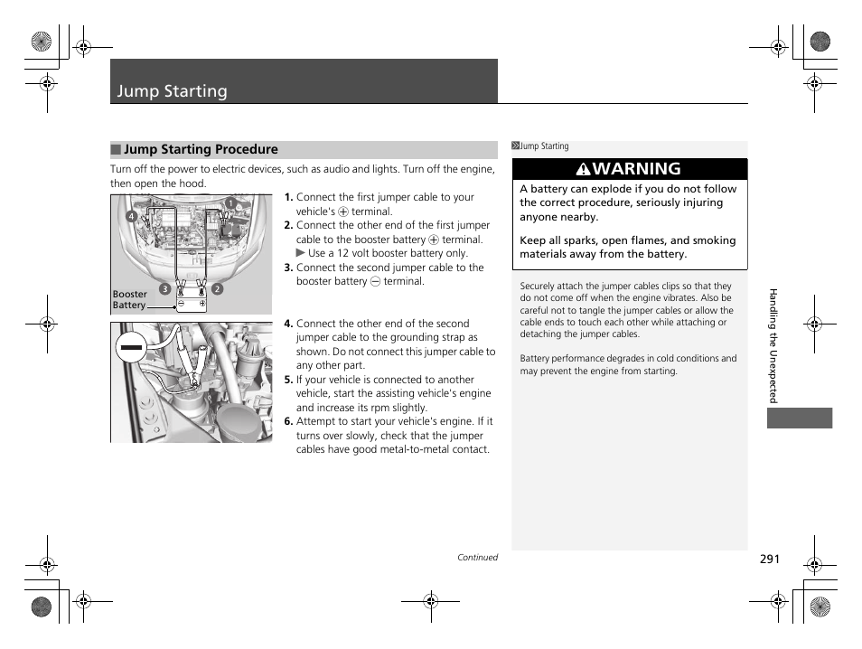 Jump starting p. 291, Jump starting, Warning | HONDA 2014 CR-Z - Owner's Manual User Manual | Page 292 / 329