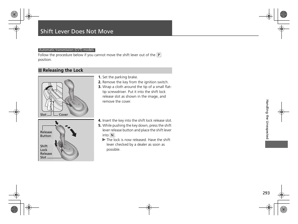 Shift lever does not move p. 293, Shift lever does not move | HONDA 2014 CR-Z - Owner's Manual User Manual | Page 294 / 329