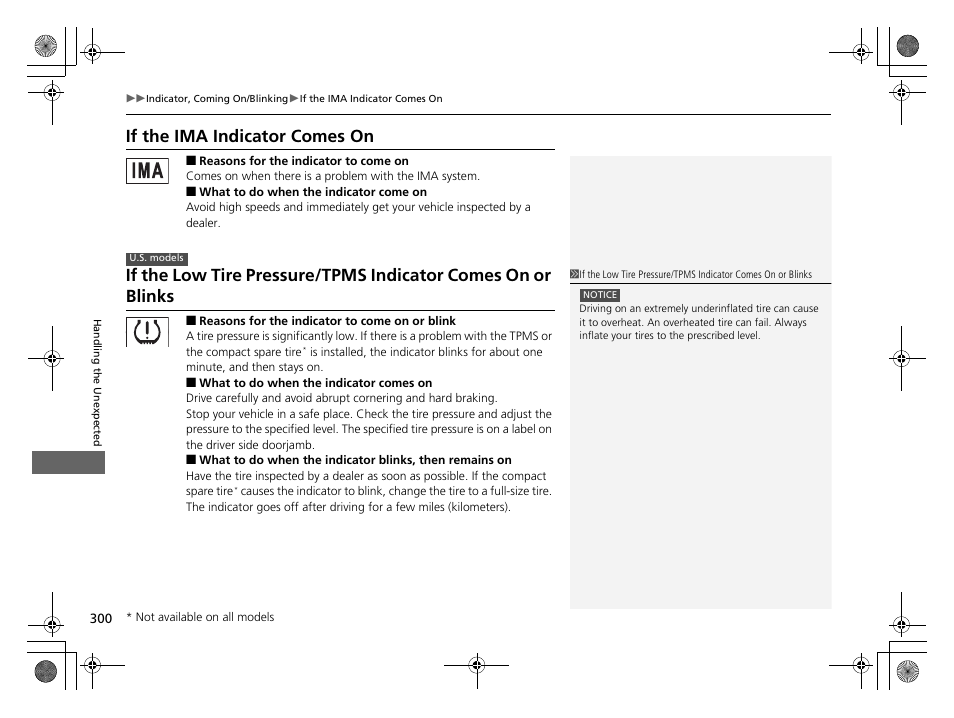 If the ima indicator comes on, If the low tire pressure/tpms indicator, Comes on or blinks | HONDA 2014 CR-Z - Owner's Manual User Manual | Page 301 / 329