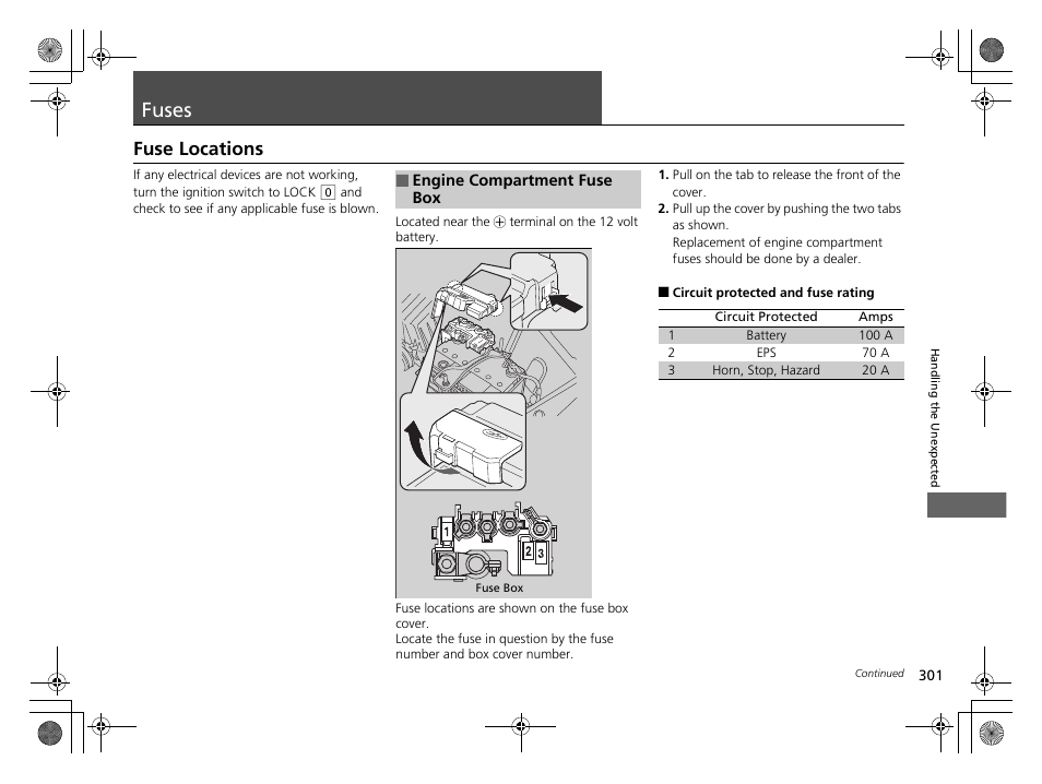 Fuses, P301), Fuse locations | HONDA 2014 CR-Z - Owner's Manual User Manual | Page 302 / 329