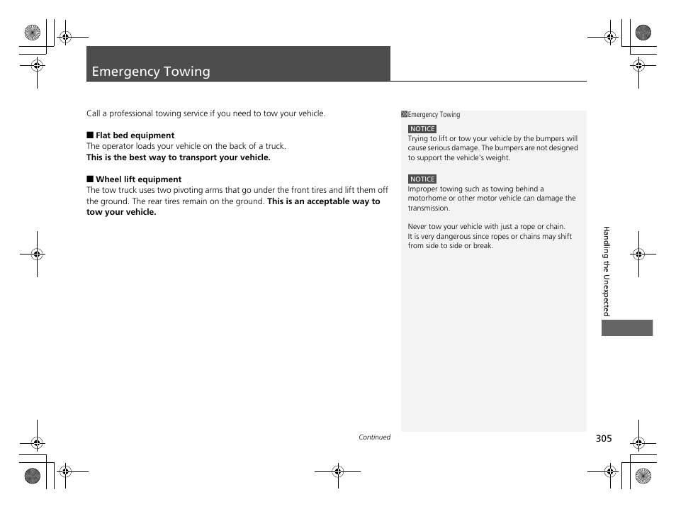 Emergency towing, P305) | HONDA 2014 CR-Z - Owner's Manual User Manual | Page 306 / 329