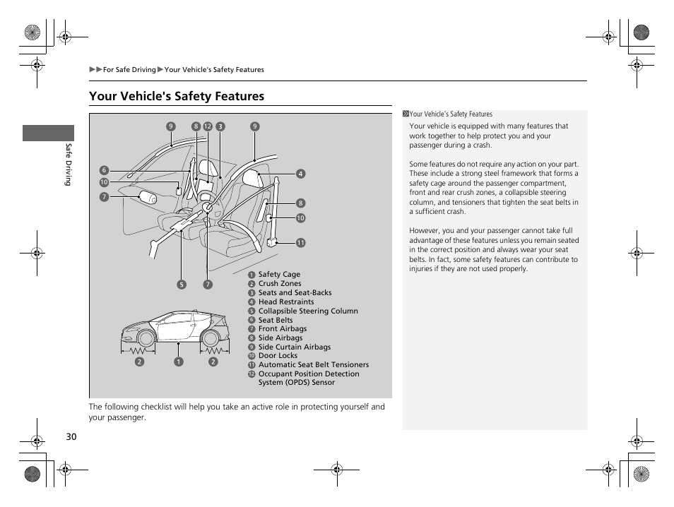 Your vehicle's safety features | HONDA 2014 CR-Z - Owner's Manual User Manual | Page 31 / 329