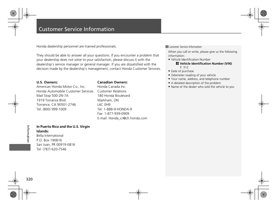 Customer service information | HONDA 2014 CR-Z - Owner's Manual User Manual | Page 321 / 329