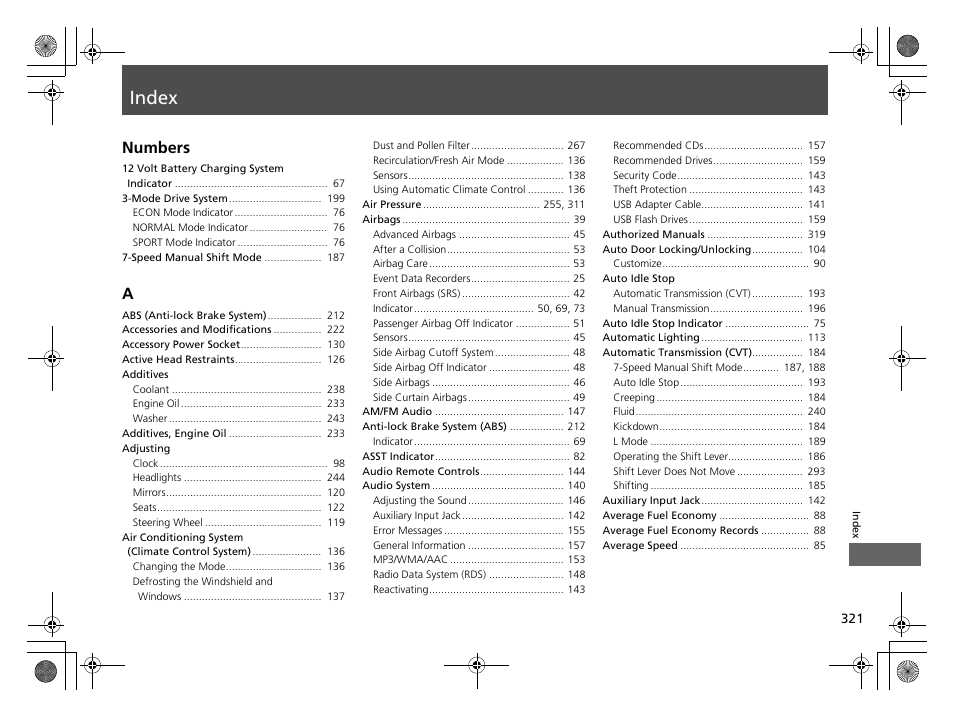 Index, Index numbers | HONDA 2014 CR-Z - Owner's Manual User Manual | Page 322 / 329