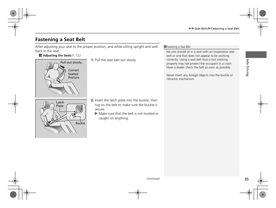 Fastening a seat belt, Fastening a seat belt p. 35 | HONDA 2014 CR-Z - Owner's Manual User Manual | Page 36 / 329