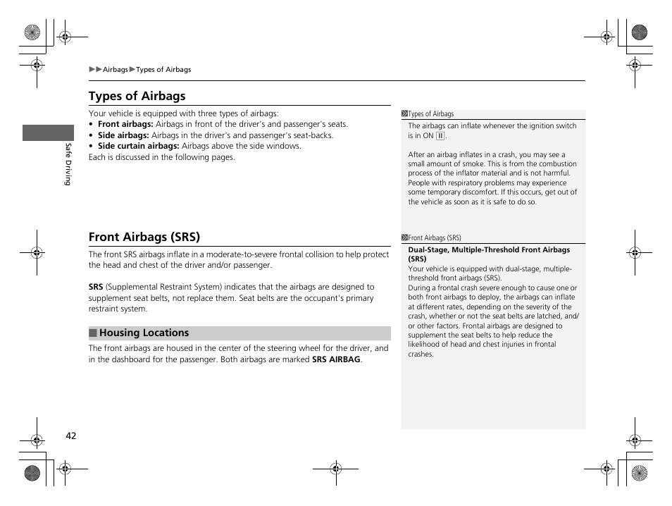 P 42, Types of airbags front airbags (srs), Types of airbags | Front airbags (srs) | HONDA 2014 CR-Z - Owner's Manual User Manual | Page 43 / 329