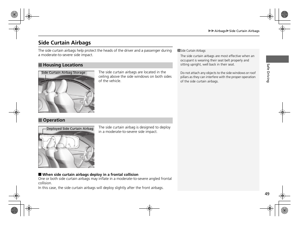 Side curtain airbags | HONDA 2014 CR-Z - Owner's Manual User Manual | Page 50 / 329