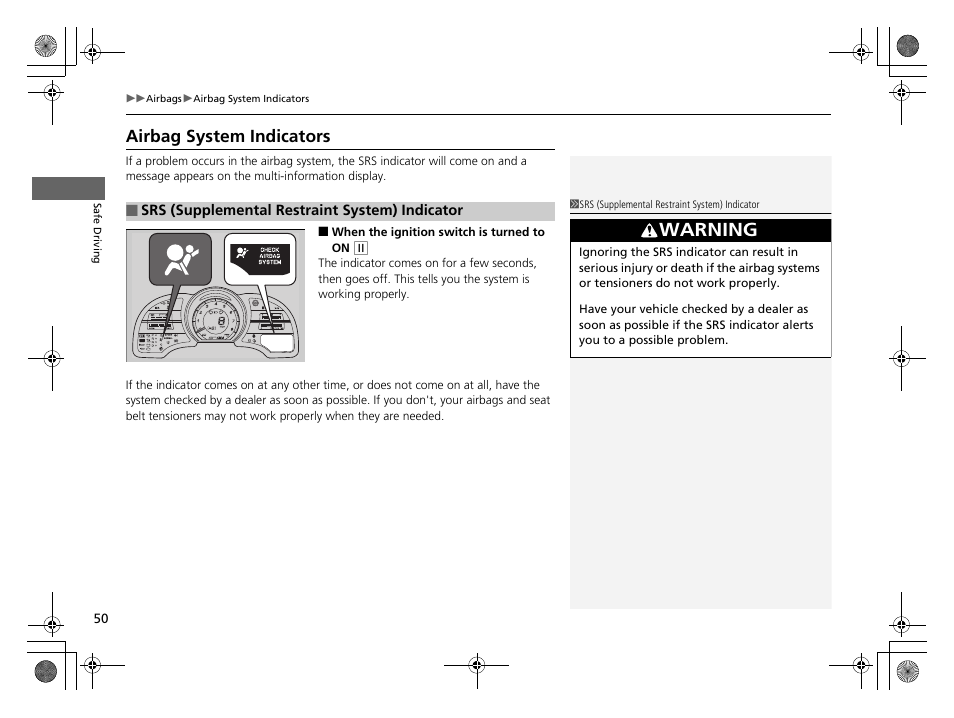 Airbag system indicators, Warning | HONDA 2014 CR-Z - Owner's Manual User Manual | Page 51 / 329