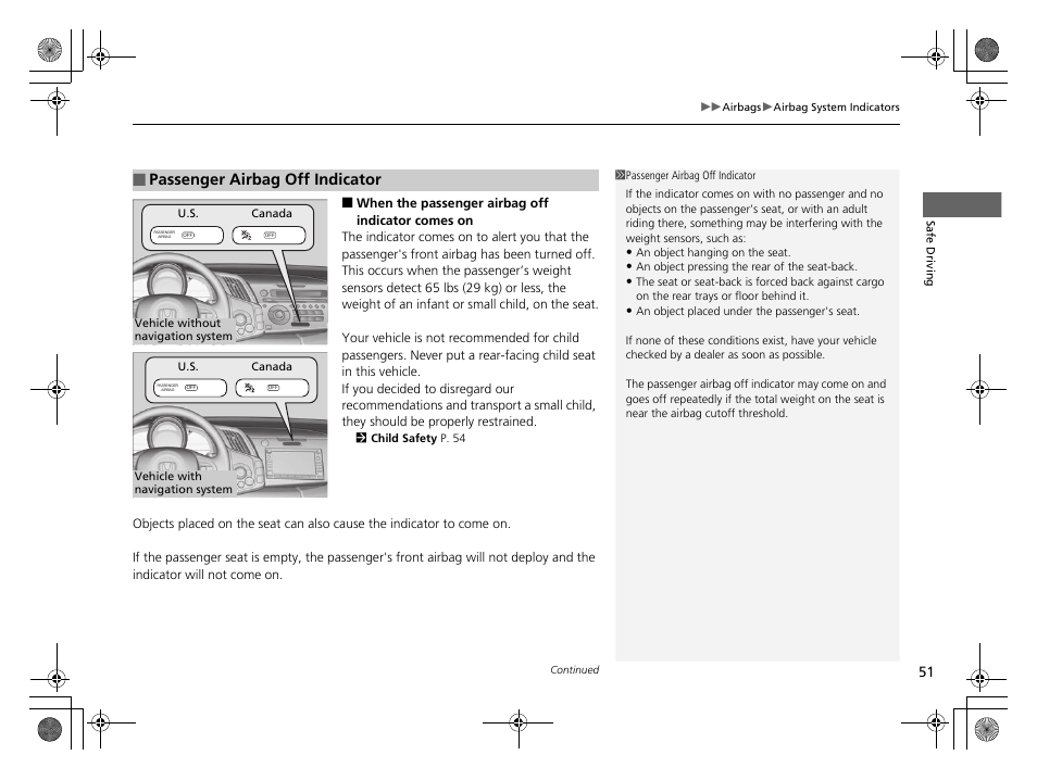 Passenger airbag off indicator | HONDA 2014 CR-Z - Owner's Manual User Manual | Page 52 / 329