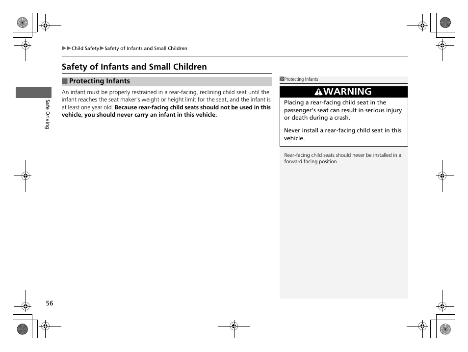 Safety of infants and small children, Warning | HONDA 2014 CR-Z - Owner's Manual User Manual | Page 57 / 329